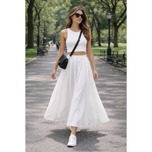 Commense White Flowing Maxi Skirt High Waist‎ A-Line Elegant Summer Boho Skirt